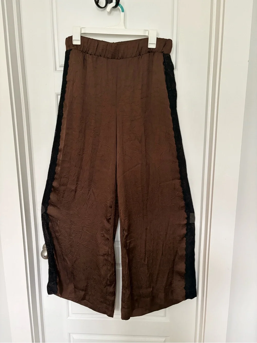 Anthropologie Chocolate Brown Wide-Leg Pants with Black Lace Side Trim - Picture 2 of 4